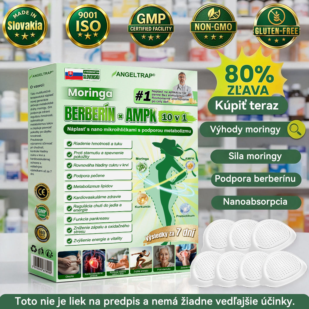 𝐴𝑁𝐺𝐸𝐿𝑇𝑅𝐴𝑃® Moringa × Berberine × AMPK 10-in-1 Metabolic Support Nano Microneedle Patch 🇸🇰 (Na použitie iba raz denne, viditeľné zmeny už po 7 dňoch) ✅ Podporuje chudnutie, metabolické zdravie, spánkovú apnoe, problémy s kĺbmi a mnoho ďalších výhod🔥⏰